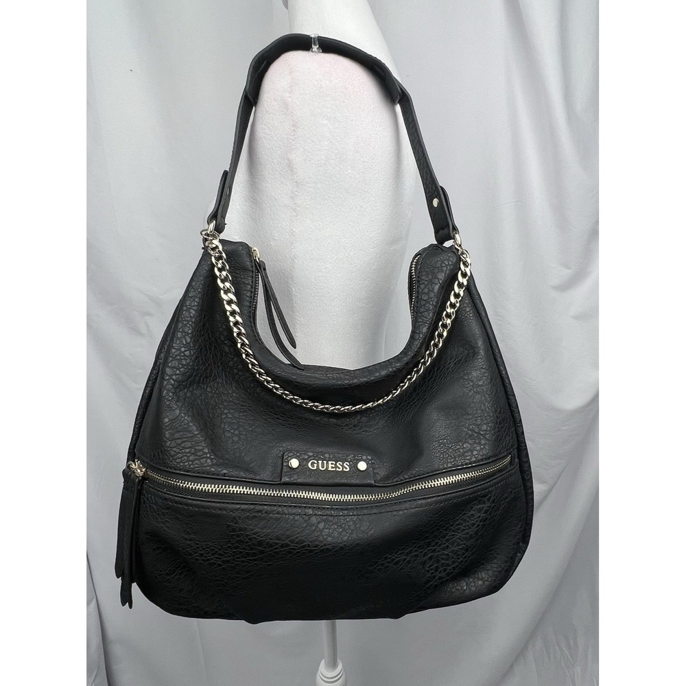 GUESS Black Hobo Shoulder Bag Gold Chain Accent Pebbled Leather Large Zip Purse